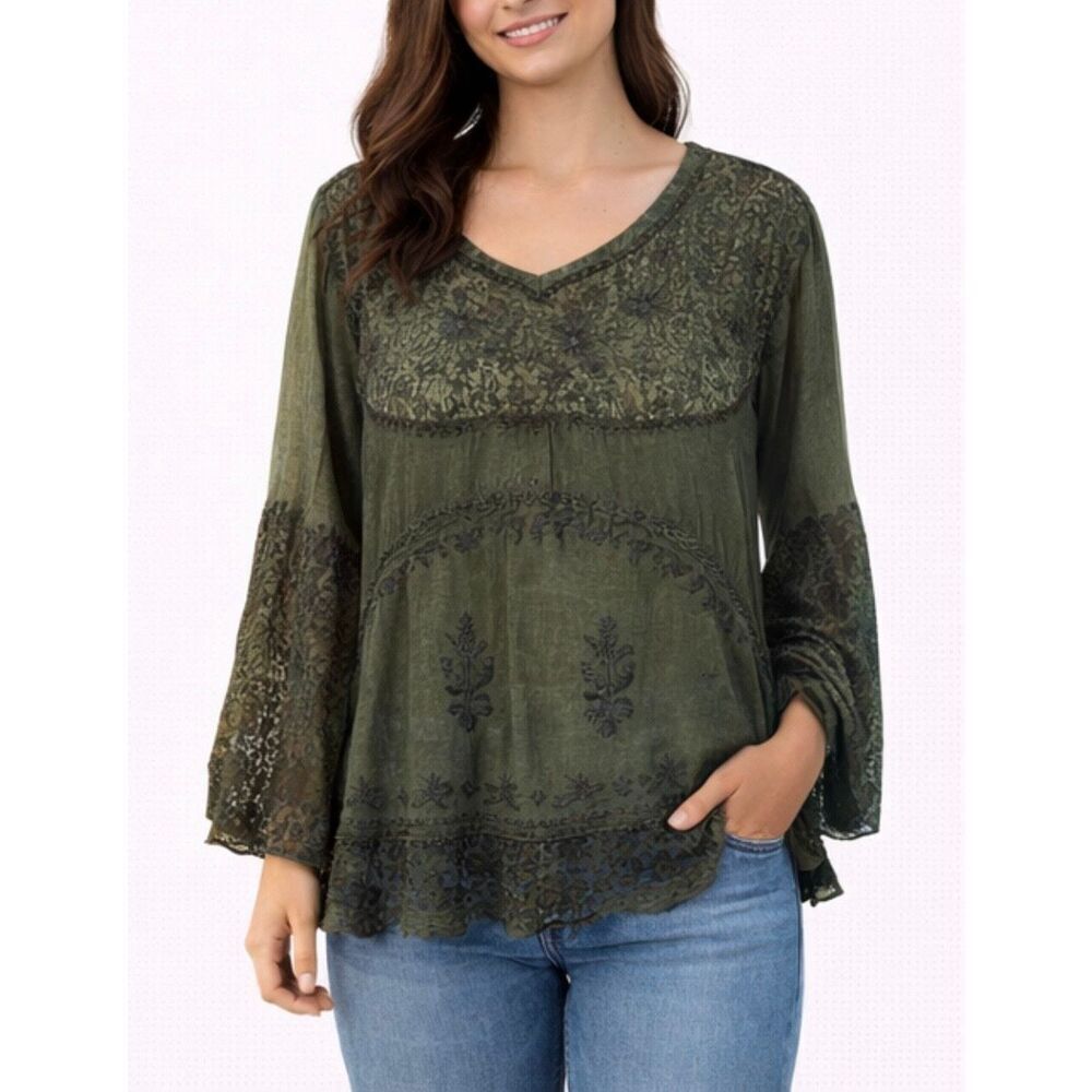 Braja Exclusive boho embroidered lace green blouse free size